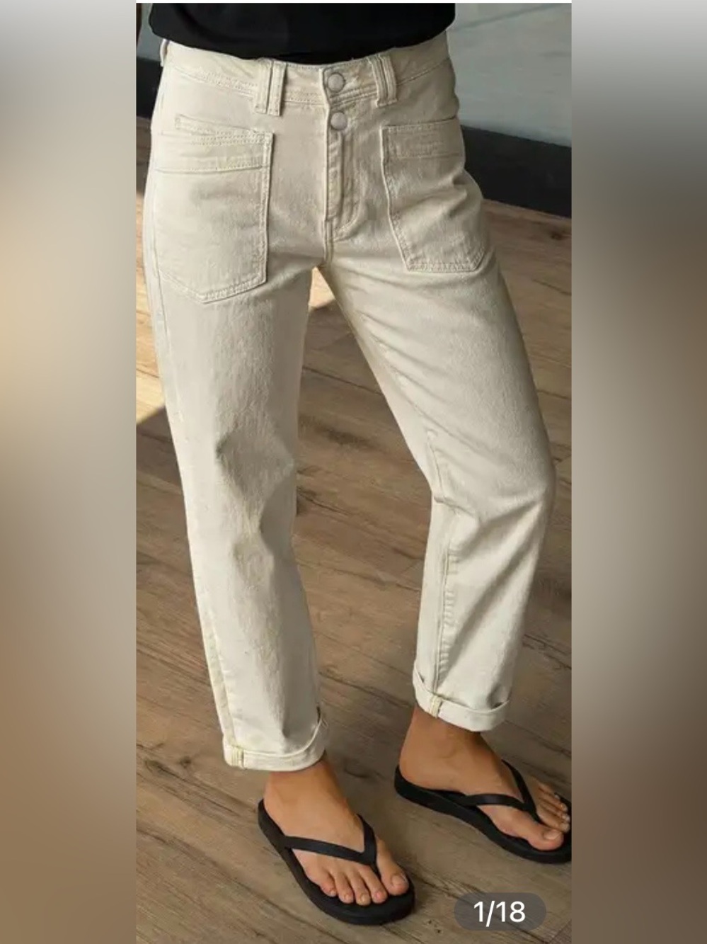 Flamingals Solid Patch Pocket Dual Button Hogh Rise Straight Leg Crop Jeans